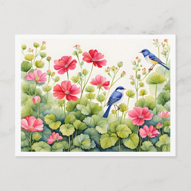 Charming Garden Scene, Bluebirds and Pink Flower Postcard (Front)