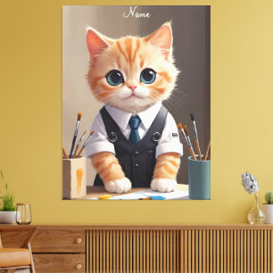Charming Ginger Cat Artist with Paintbrushes Cute Canvas Print