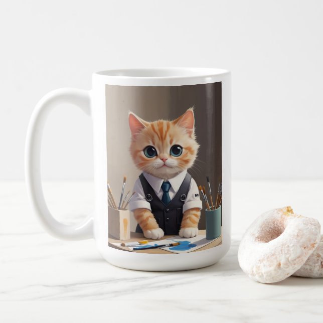 Charming Ginger Cat Artist with Paintbrushes Cute  Coffee Mug (With Donut)