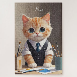 Charming Ginger Cat Artist with Paintbrushes Cute  Jigsaw Puzzle