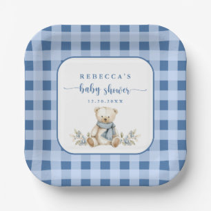 Charming Gingham Plaid Teddy Bear Baby Shower Paper Plate