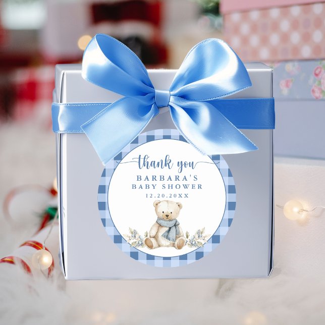 Charming Gingham Teddy Bear Baby Shower Thank You Classic Round Sticker (Creator Uploaded)