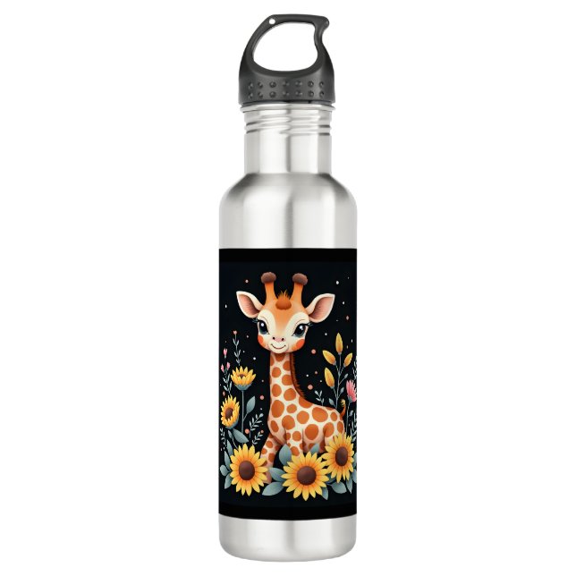 Charming Giraffe Surrounded By Flowers Long Sleeve 710 Ml Water Bottle (Front)