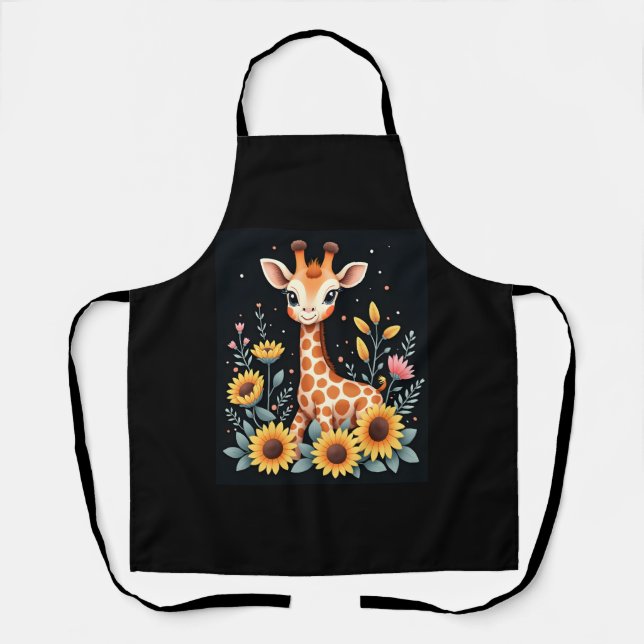 Charming Giraffe Surrounded By Flowers Long Sleeve Apron (Front)