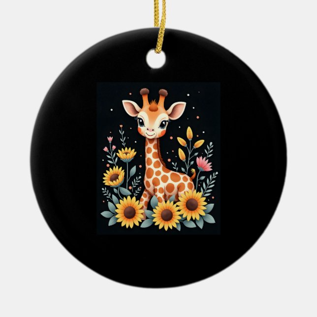 Charming Giraffe Surrounded By Flowers Long Sleeve Ceramic Tree Decoration (Front)