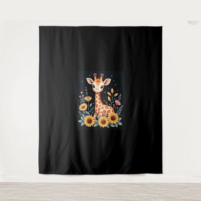 Charming Giraffe Surrounded By Flowers Long Sleeve Tapestry (Front)