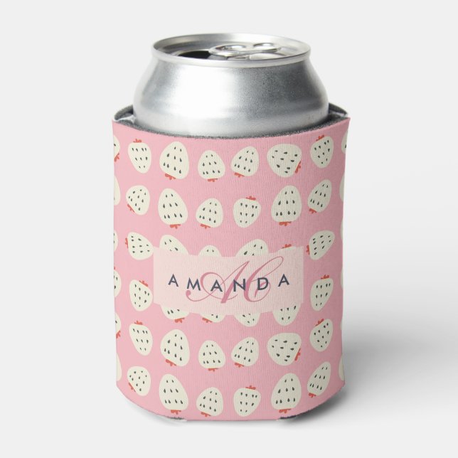 Charming Girly Strawberry Pattern Monogram Gifts Can Cooler (Can Front)