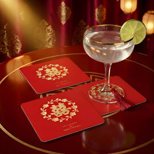 Charming Glitter Floral Chinese Double Happiness Square Paper Coaster