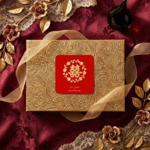 Charming Glitter Floral Chinese Double Happiness Square Sticker