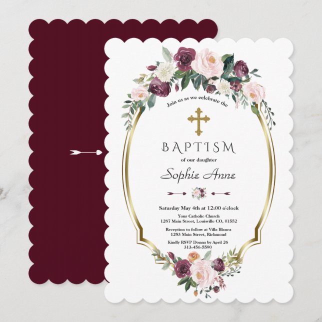 Charming Gold Burgundy Blush Floral Baptism Invitation (Front/Back)