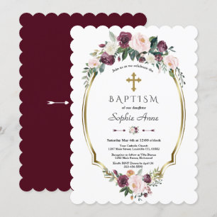 Charming Gold Burgundy Blush Floral Baptism Invitation
