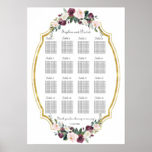 Charming Gold Burgundy Blush Floral Seating Chart