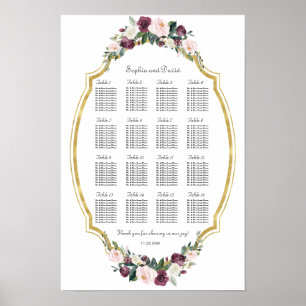 Charming Gold Burgundy Blush Floral Seating Chart