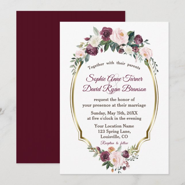Charming Gold Burgundy Blush Floral Wedding Invitation (Front/Back)