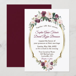 Charming Gold Burgundy Blush Floral Wedding Invitation