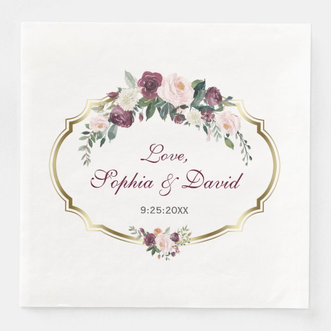Charming Gold Burgundy Blush Floral Wedding Napkin (Front)