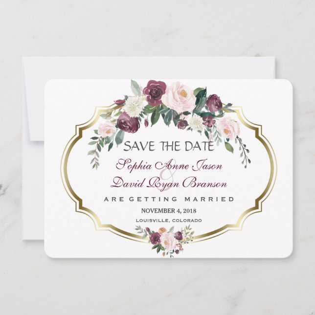 Charming Gold Burgundy Blush Floral Wedding Save The Date (Front)