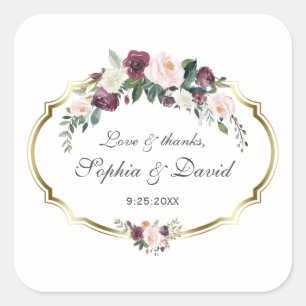 Charming Gold Burgundy Blush Floral Wedding Square Sticker