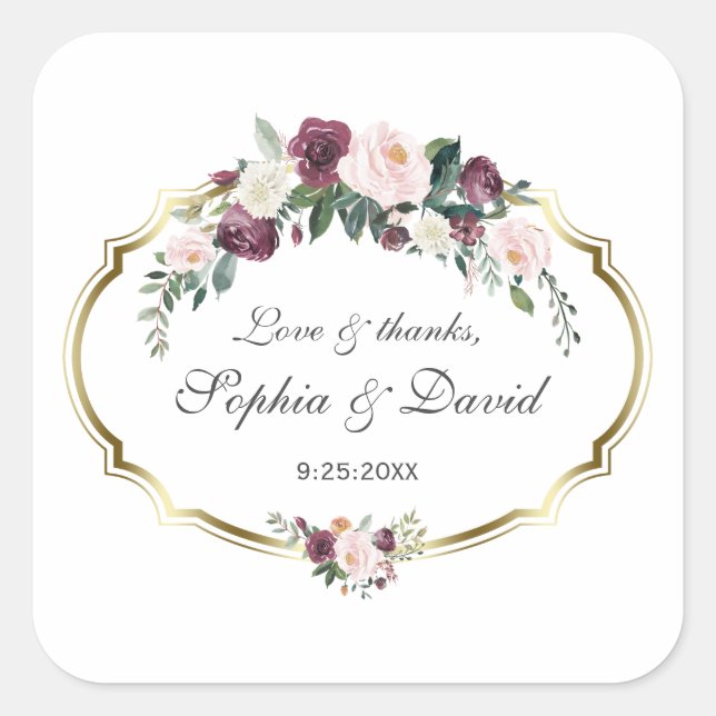 Charming Gold Burgundy Blush Floral Wedding Square Sticker (Front)