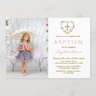 Charming Gold Cross Floral Girl Photo Baptism Invitation