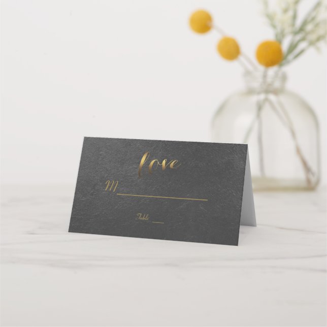 Charming Gold Foil Black Wedding Place Card (Front)