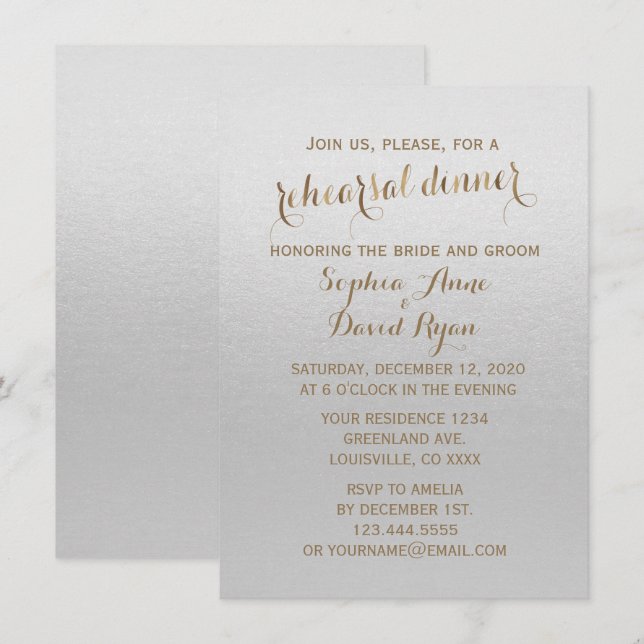 Charming Gold Foil Grey Wedding Rehearsal Dinner Invitation (Front/Back)