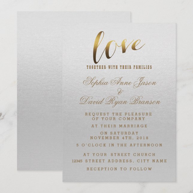 Charming Gold Foil Grunge Grey Wedding Invitation (Front/Back)