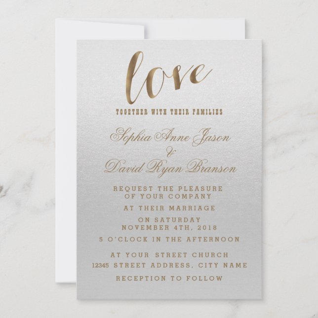 Charming Gold Foil Grunge Grey Wedding Invitation (Front)