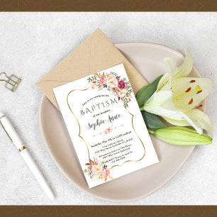 Charming Gold Frame Blush Pink Floral Baptism Invitation
