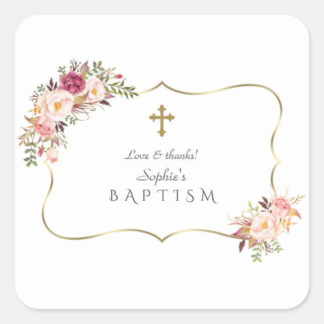 Charming Gold Frame Blush Pink Floral Baptism Square Sticker (Front)
