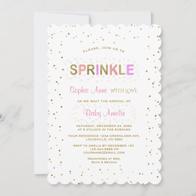 Charming Gold Glitter SPRINKLE Girl Baby Shower Invitation (Front)