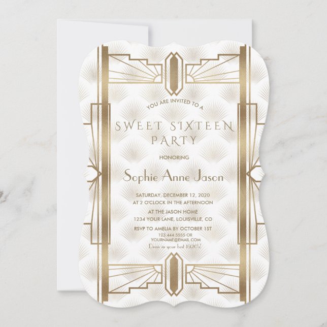 Charming Gold Great Gatsby Art Deco 1920s SWEET 16 Invitation (Front)