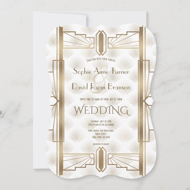 Charming Gold Great Gatsby Art Deco 1920s Wedding Invitation (Front)