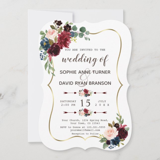 Charming Gold Merlot Navy Blue Floral Wedding Invitation (Front)