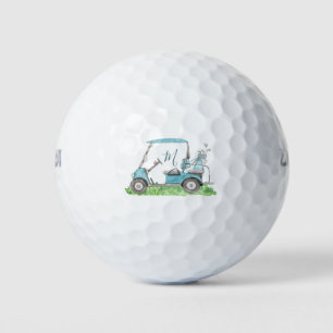 Charming Golf Cart Blue Monogram Watercolor  Balls