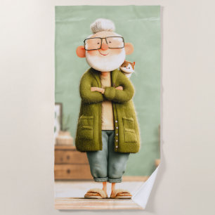 Charming Grandpa and His Cat Beach Towel