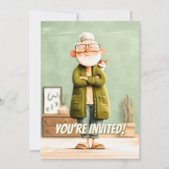 Charming Grandpa and His Cat Invitation (Front)