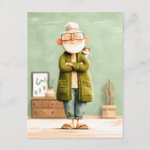 Charming Grandpa and His Cat Postcard