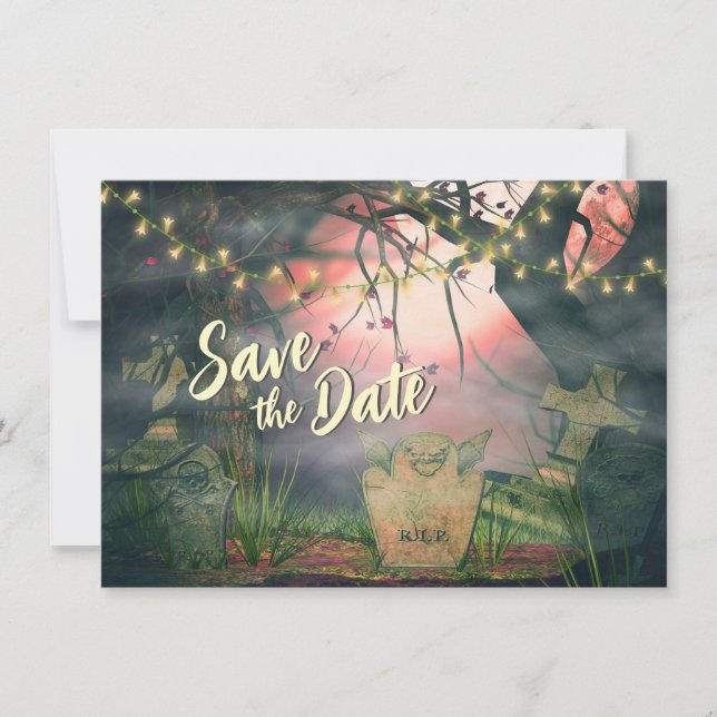 Charming Graveyard with Lights Halloween Wedding Save The Date (Front)
