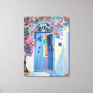 Charming Greek Doorway & Pink Bougainvillea Canvas Print