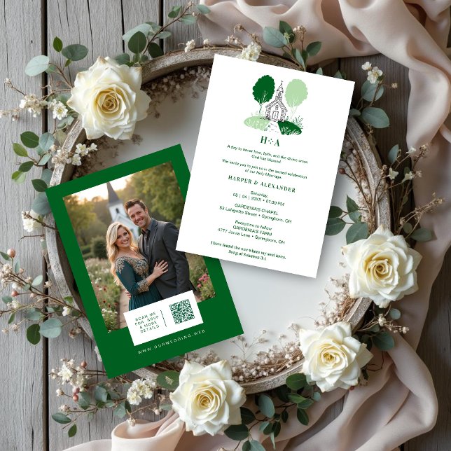 Charming Green Church Illustration Christian Invitation (Charming Green Shades Church Illustration Christian Wedding Invitation Cards with Back Photo.)