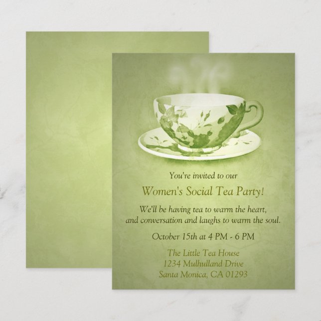 Charming Green Tea Party Invitation (Front/Back)