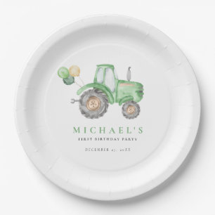 Charming Green Tractor Birthday Paper Plate