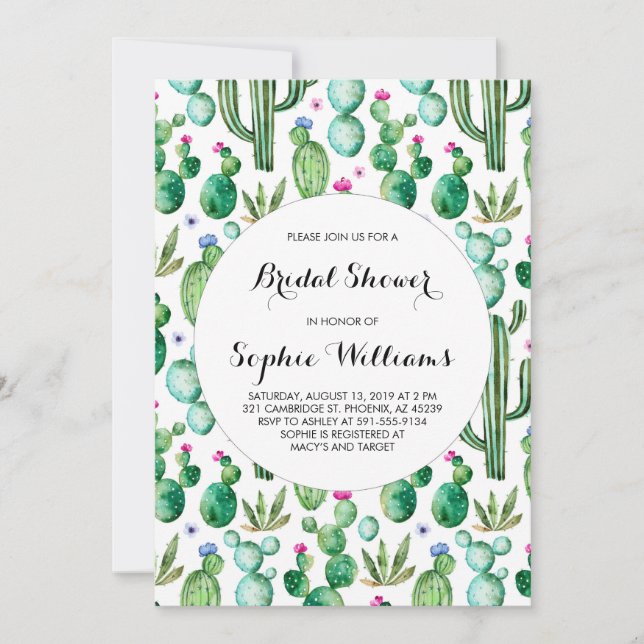 Charming Green Watercolor Cacti Bridal Shower Invitation (Front)