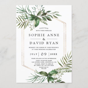 Charming Greenery Gold Geometric Frame Wedding Invitation