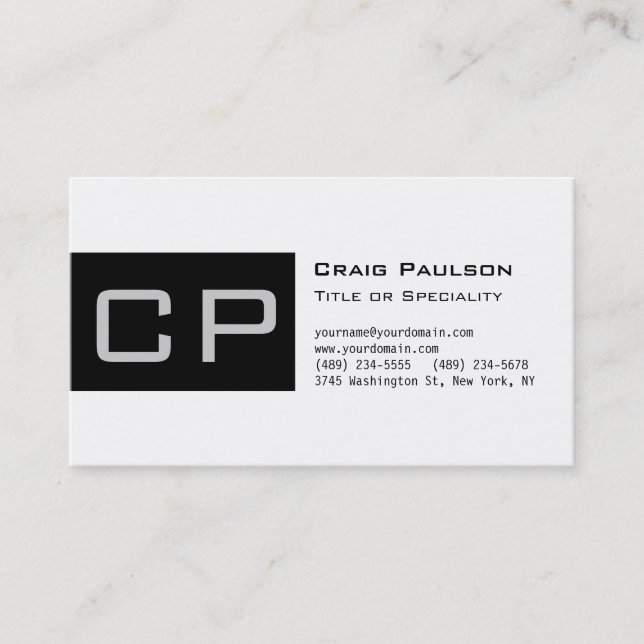 Charming Grey Black White Monogram Business Card (Front)