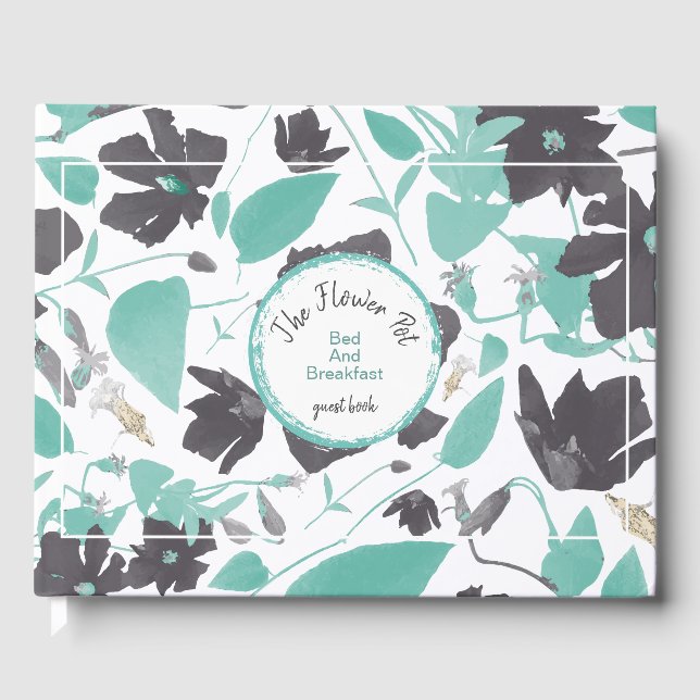 Charming Grey Mint Floral Pattern Vacation Rental Guest Book (Front)
