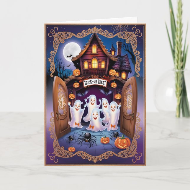 Charming Halloween Cat and Pumpkin House Card (Front)