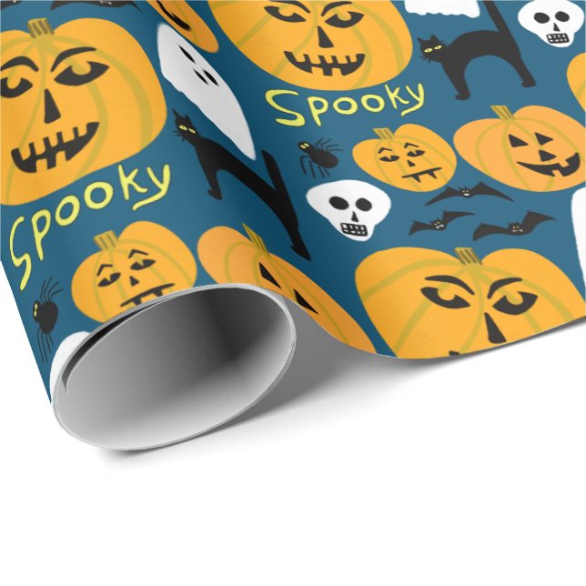 Charming Halloween Pumpkins Spooky Ghost Wrapping Paper (Roll Corner)