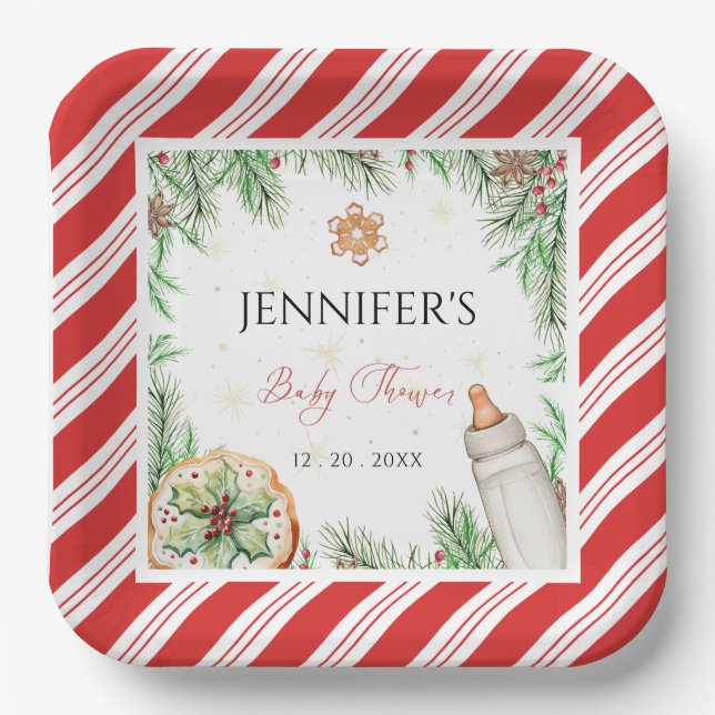 Charming Hand-Drawn Custom Christmas Baby Shower Paper Plate (Front)